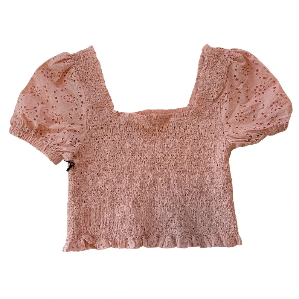 NEW ASTR Smocked Eyelet Puff Sleeve Top Peachy Pink Womens Large Coquette Pastel